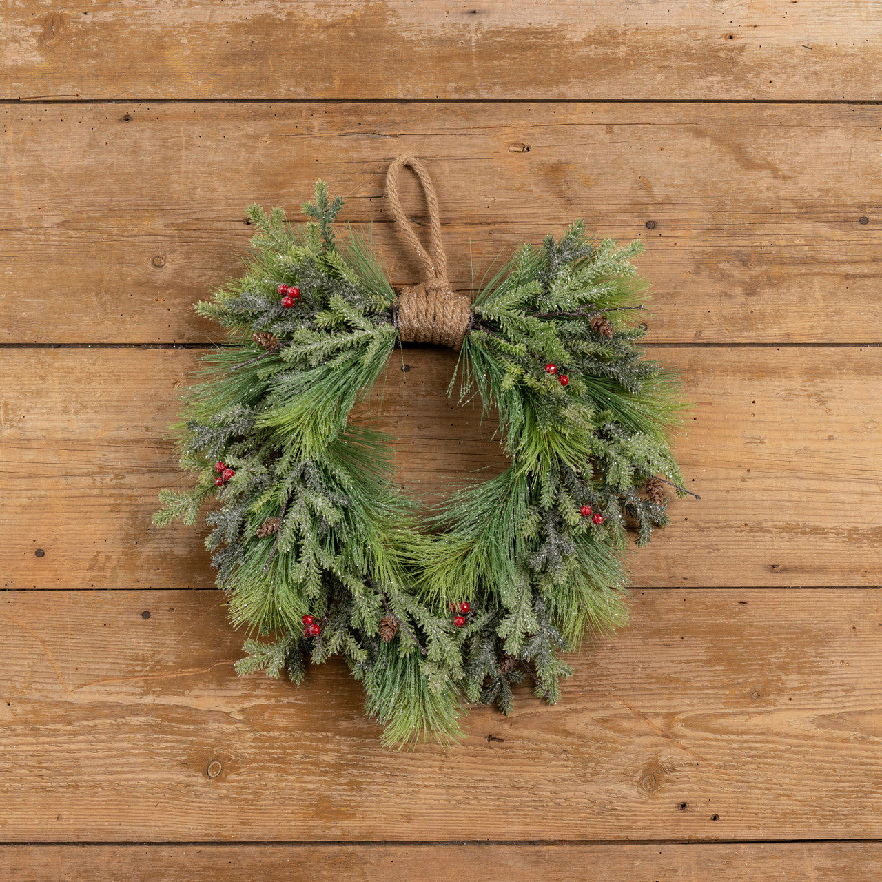 20" Glittered Pine & Red Berry Hanging Wreath