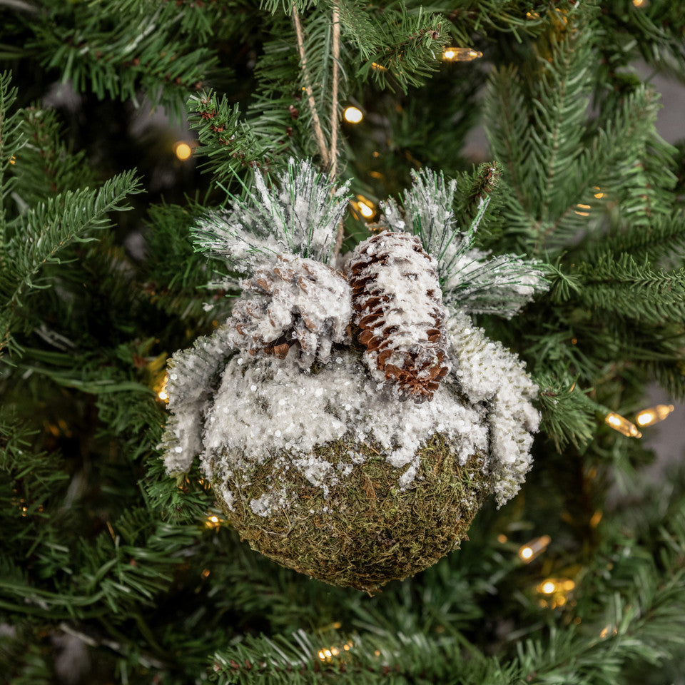 6" Snow Covered Moss Ball & Pine Ornament